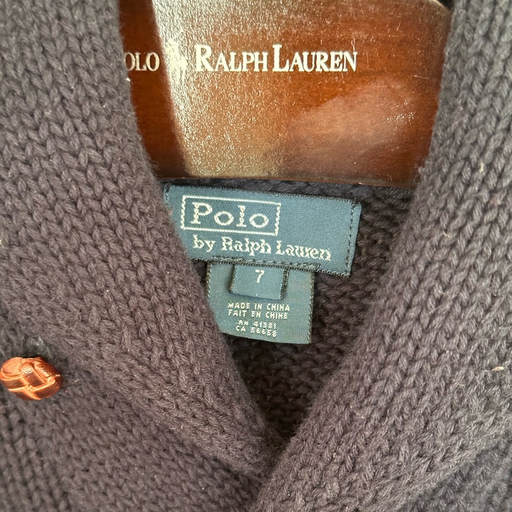 Vintage POLO Ralph Lauren Boys Navy Blue & Yellow Cowl Shawl Neck Knit Sweater 7 - Picture 3 of 3